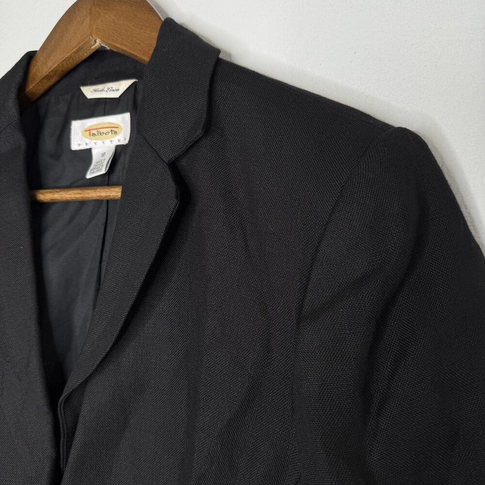 Talbots Petites Blazer Womens 10 Petite Black Irish Linen Notch Lapel Two Button